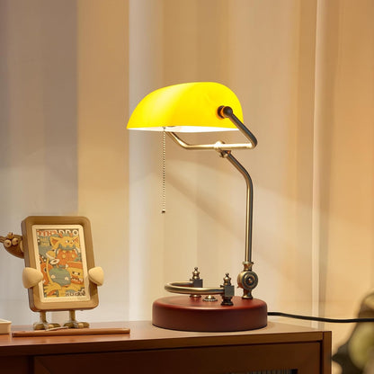 Bankers Lamp Traditional Green Glass Desk Lamp Solid Wood Pull Chain Switch