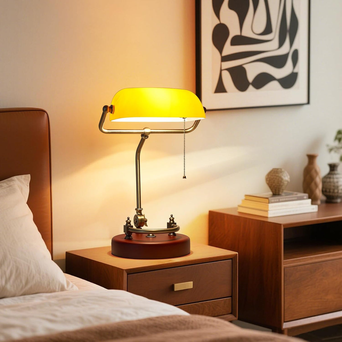 Bankers Lamp Traditional Green Glass Desk Lamp Solid Wood Pull Chain Switch