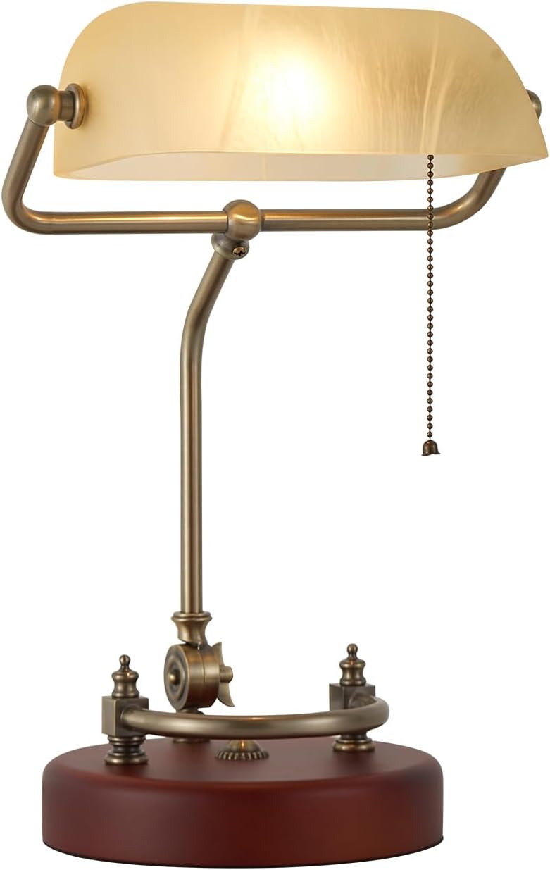 Bankers Lamp Traditional Green Glass Desk Lamp Solid Wood Pull Chain Switch