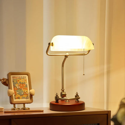 Bankers Lamp Traditional Green Glass Desk Lamp Solid Wood Pull Chain Switch