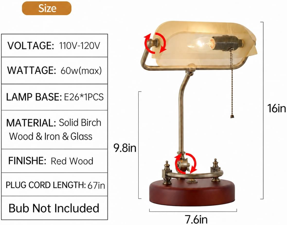 Bankers Lamp Traditional Green Glass Desk Lamp Solid Wood Pull Chain Switch