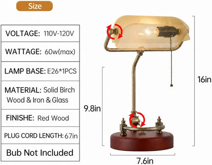 Bankers Lamp Traditional Green Glass Desk Lamp Solid Wood Pull Chain Switch