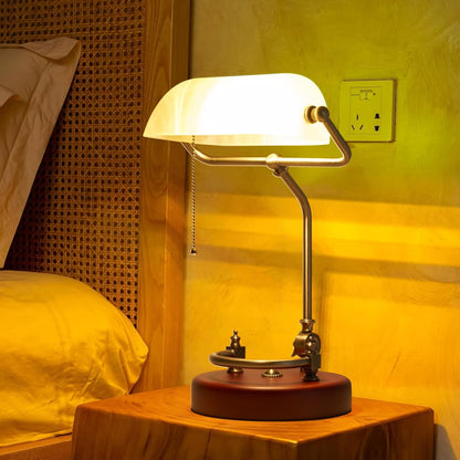 Bankers Lamp Traditional Green Glass Desk Lamp Solid Wood Pull Chain Switch