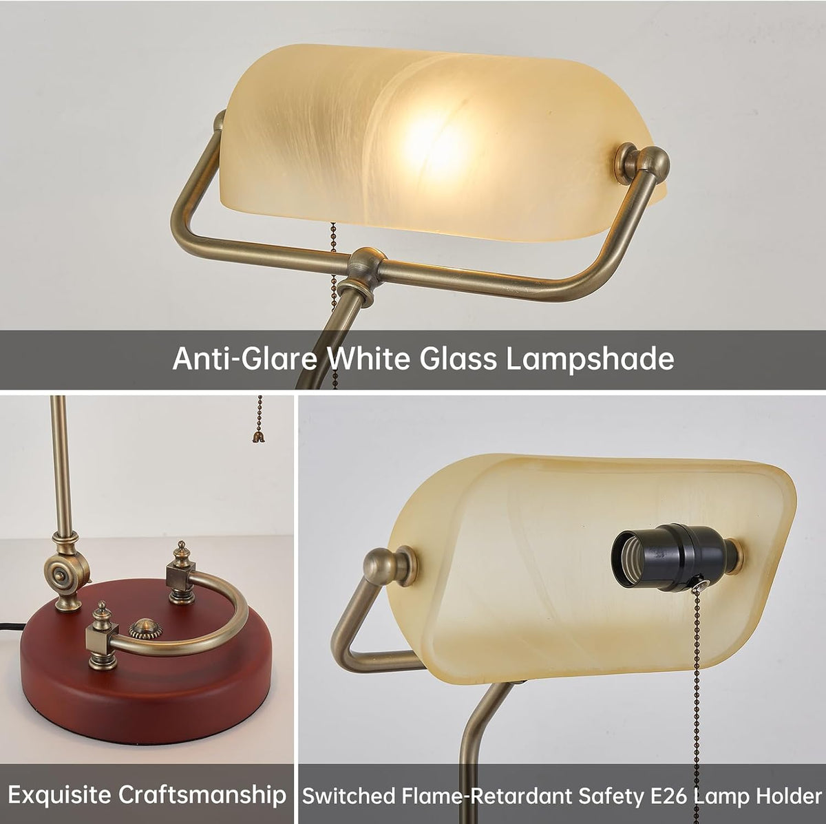 Bankers Lamp Traditional Green Glass Desk Lamp Solid Wood Pull Chain Switch