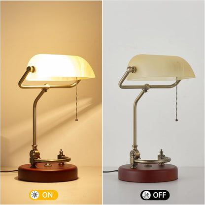 Bankers Lamp Traditional Green Glass Desk Lamp Solid Wood Pull Chain Switch