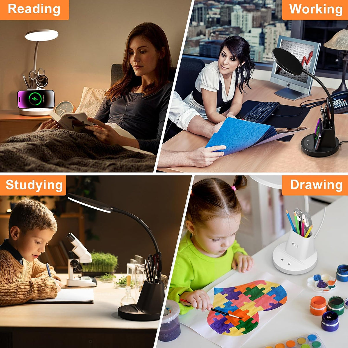LED Desk Lamp with Wireless Charger for Home Office, Black
