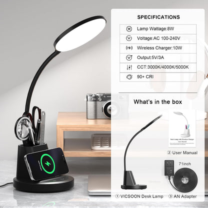 LED Desk Lamp with Wireless Charger for Home Office, Black