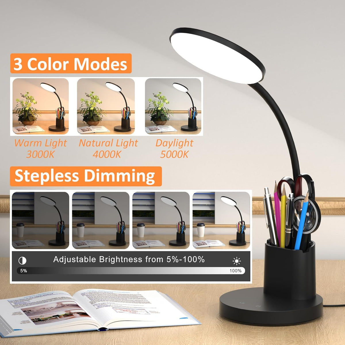 LED Desk Lamp with Wireless Charger for Home Office, Black