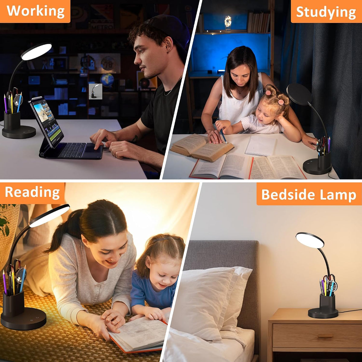 LED Desk Lamp with Wireless Charger for Home Office, Black