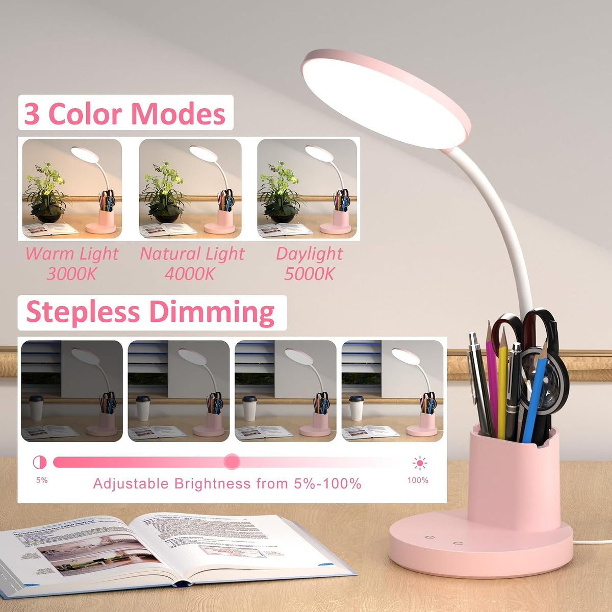 LED Desk Lamp with Wireless Charger for Home Office, Black