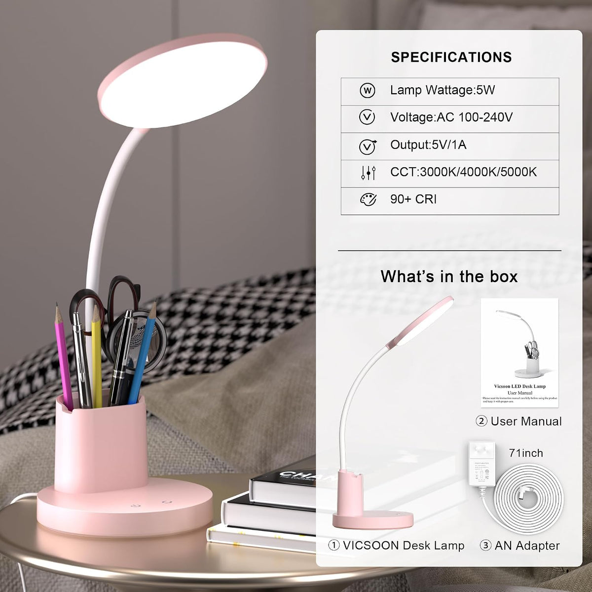 LED Desk Lamp with Wireless Charger for Home Office, Black
