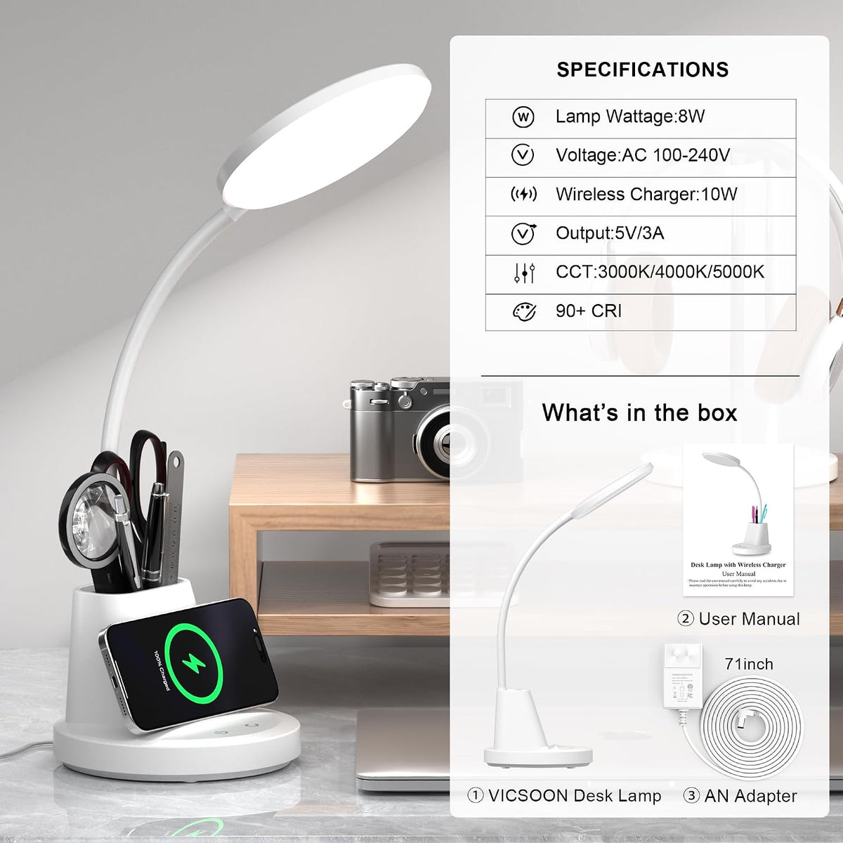 LED Desk Lamp with Wireless Charger for Home Office, Black