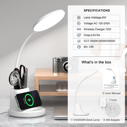 LED Desk Lamp with Wireless Charger for Home Office, Black