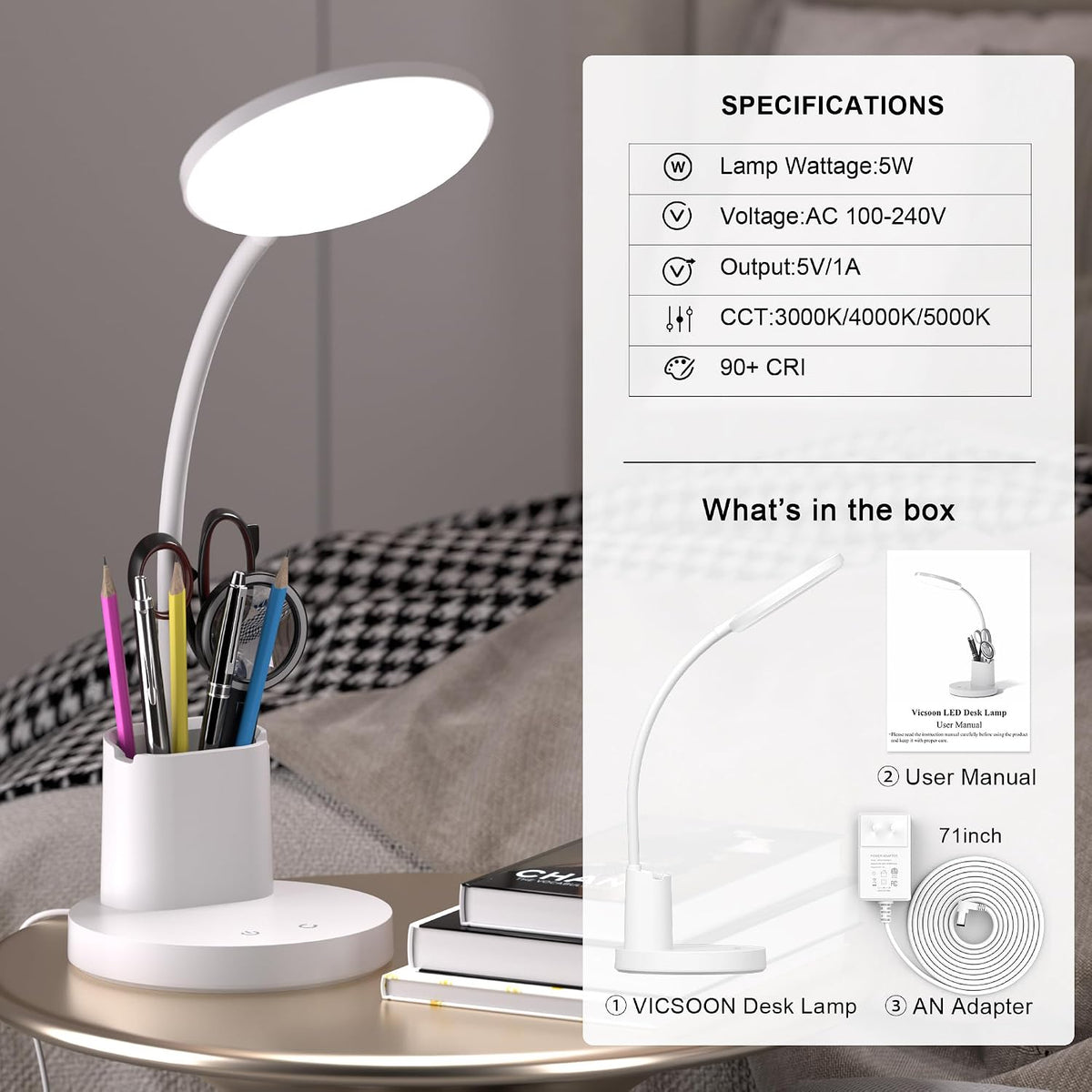 LED Desk Lamp with Wireless Charger for Home Office, Black