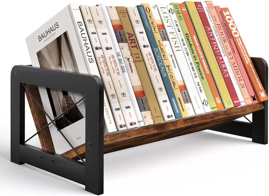 Desktop Bookshelf Organizer, Wood Slanted Desk Bookshelf, Small Tabletop Book Rack, Portable Mini Bookcase for Book Display, Cookbooks, Kids Reading, Office & Home Storage, Rustic Brown