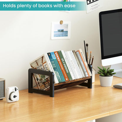 Desktop Bookshelf Organizer, Wood Slanted Desk Bookshelf, Small Tabletop Book Rack, Portable Mini Bookcase for Book Display, Cookbooks, Kids Reading, Office & Home Storage, Rustic Brown