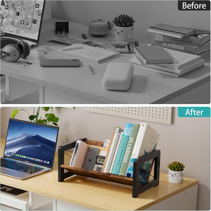 Desktop Bookshelf Organizer, Wood Slanted Desk Bookshelf, Small Tabletop Book Rack, Portable Mini Bookcase for Book Display, Cookbooks, Kids Reading, Office & Home Storage, Rustic Brown