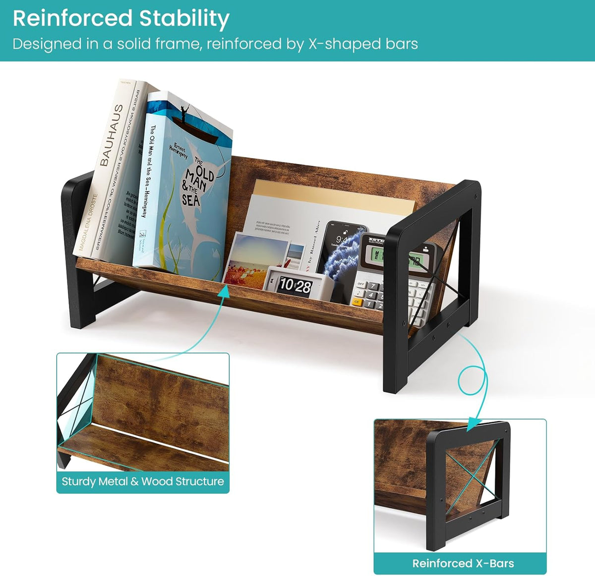 Desktop Bookshelf Organizer, Wood Slanted Desk Bookshelf, Small Tabletop Book Rack, Portable Mini Bookcase for Book Display, Cookbooks, Kids Reading, Office & Home Storage, Rustic Brown