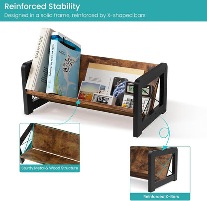 Desktop Bookshelf Organizer, Wood Slanted Desk Bookshelf, Small Tabletop Book Rack, Portable Mini Bookcase for Book Display, Cookbooks, Kids Reading, Office & Home Storage, Rustic Brown