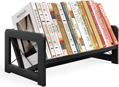 Desktop Bookshelf Organizer, Wood Slanted Desk Bookshelf, Small Tabletop Book Rack, Portable Mini Bookcase for Book Display, Cookbooks, Kids Reading, Office & Home Storage, Rustic Brown