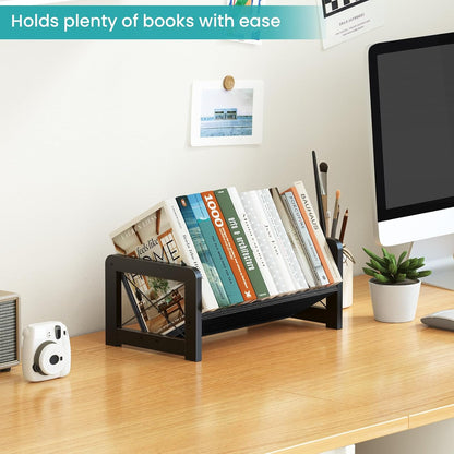 Desktop Bookshelf Organizer, Wood Slanted Desk Bookshelf, Small Tabletop Book Rack, Portable Mini Bookcase for Book Display, Cookbooks, Kids Reading, Office & Home Storage, Rustic Brown