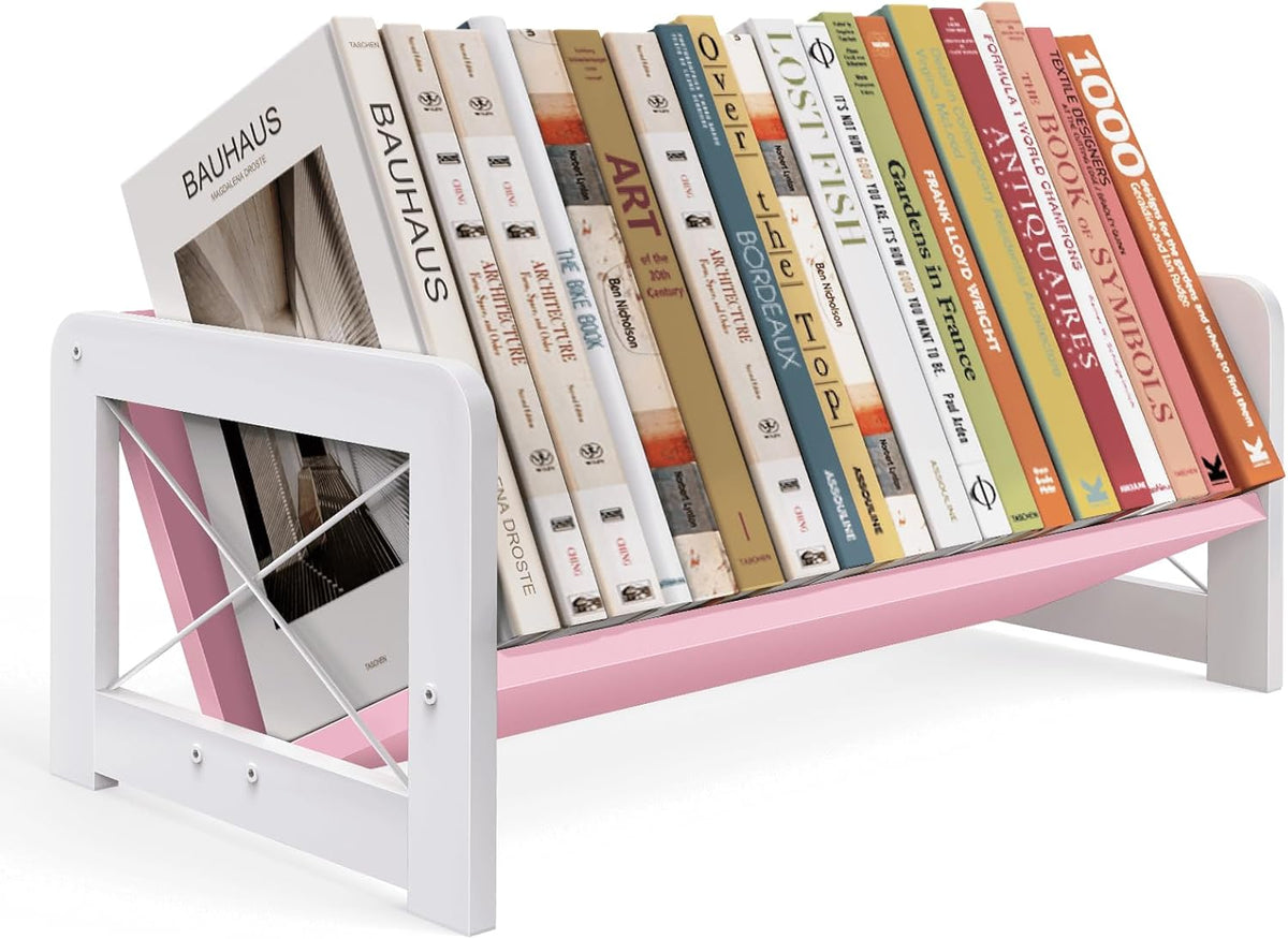 Desktop Bookshelf Organizer, Wood Slanted Desk Bookshelf, Small Tabletop Book Rack, Portable Mini Bookcase for Book Display, Cookbooks, Kids Reading, Office & Home Storage, Rustic Brown