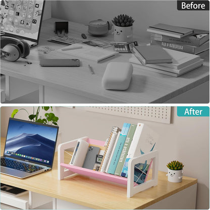 Desktop Bookshelf Organizer, Wood Slanted Desk Bookshelf, Small Tabletop Book Rack, Portable Mini Bookcase for Book Display, Cookbooks, Kids Reading, Office & Home Storage, Rustic Brown