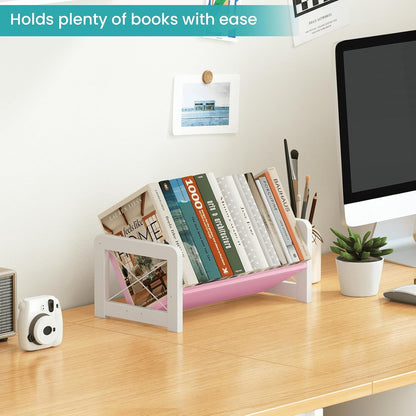 Desktop Bookshelf Organizer, Wood Slanted Desk Bookshelf, Small Tabletop Book Rack, Portable Mini Bookcase for Book Display, Cookbooks, Kids Reading, Office & Home Storage, Rustic Brown