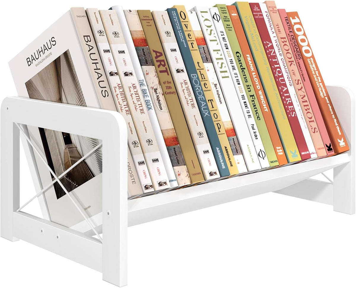 Desktop Bookshelf Organizer, Wood Slanted Desk Bookshelf, Small Tabletop Book Rack, Portable Mini Bookcase for Book Display, Cookbooks, Kids Reading, Office & Home Storage, Rustic Brown
