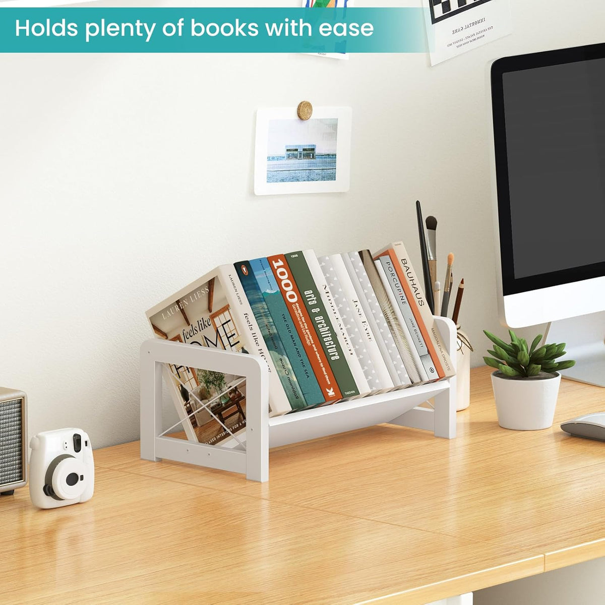 Desktop Bookshelf Organizer, Wood Slanted Desk Bookshelf, Small Tabletop Book Rack, Portable Mini Bookcase for Book Display, Cookbooks, Kids Reading, Office & Home Storage, Rustic Brown