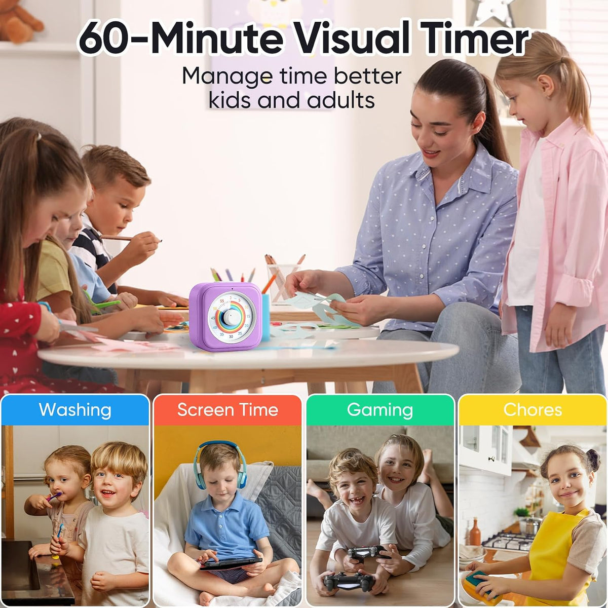 60 Minute Visual Timer for Kids, Silent Countdown Clock, Time Management Tool for Homeschool Study Supplies, Classroom, Home, Kitchen, Desk (Green)