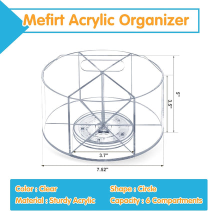 Acrylic Pen Holder, 360 Degree Rotating Pen Organizer, Rotating Desk Acrylic Office Organizer with 6 Compartments, Marker Organizer for Kid, Crayon Caddy School Art Supply Storage Organizer