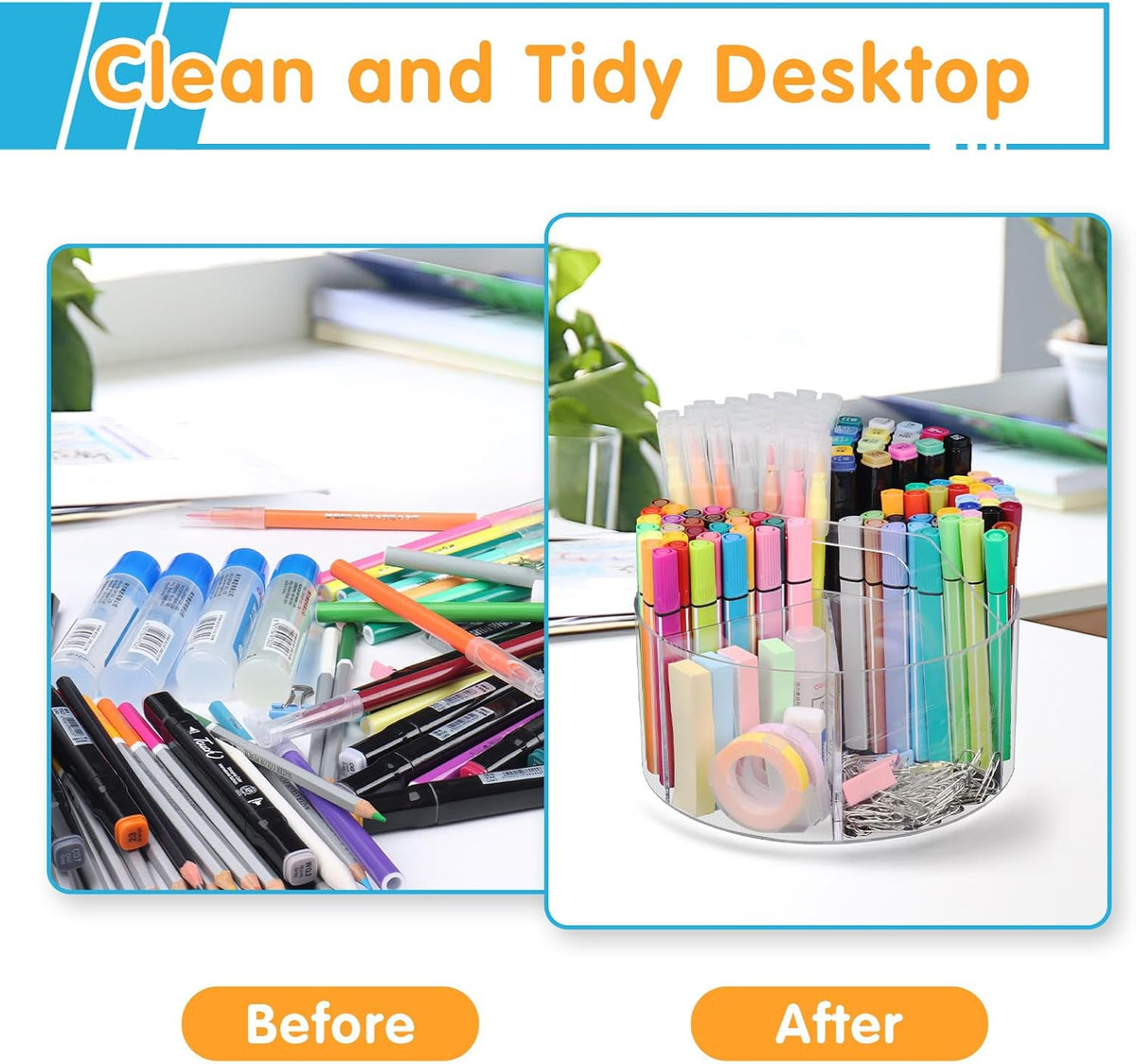 Acrylic Pen Holder, 360 Degree Rotating Pen Organizer, Rotating Desk Acrylic Office Organizer with 6 Compartments, Marker Organizer for Kid, Crayon Caddy School Art Supply Storage Organizer