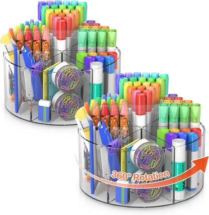 Acrylic Pen Holder, 360 Degree Rotating Pen Organizer, Rotating Desk Acrylic Office Organizer with 6 Compartments, Marker Organizer for Kid, Crayon Caddy School Art Supply Storage Organizer