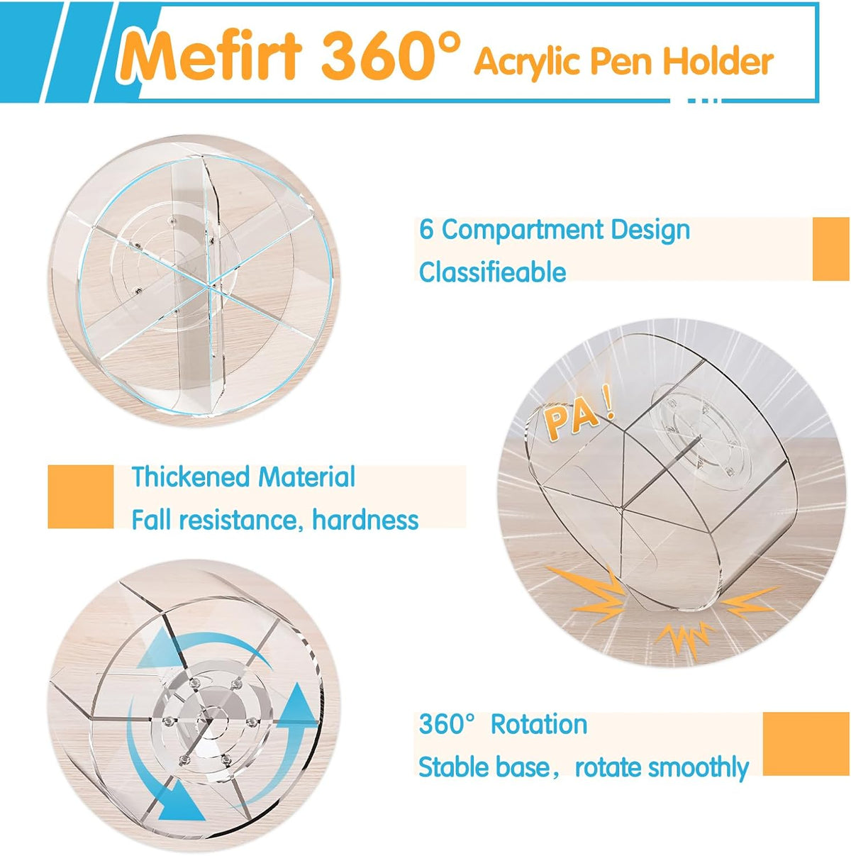 Acrylic Pen Holder, 360 Degree Rotating Pen Organizer, Rotating Desk Acrylic Office Organizer with 6 Compartments, Marker Organizer for Kid, Crayon Caddy School Art Supply Storage Organizer