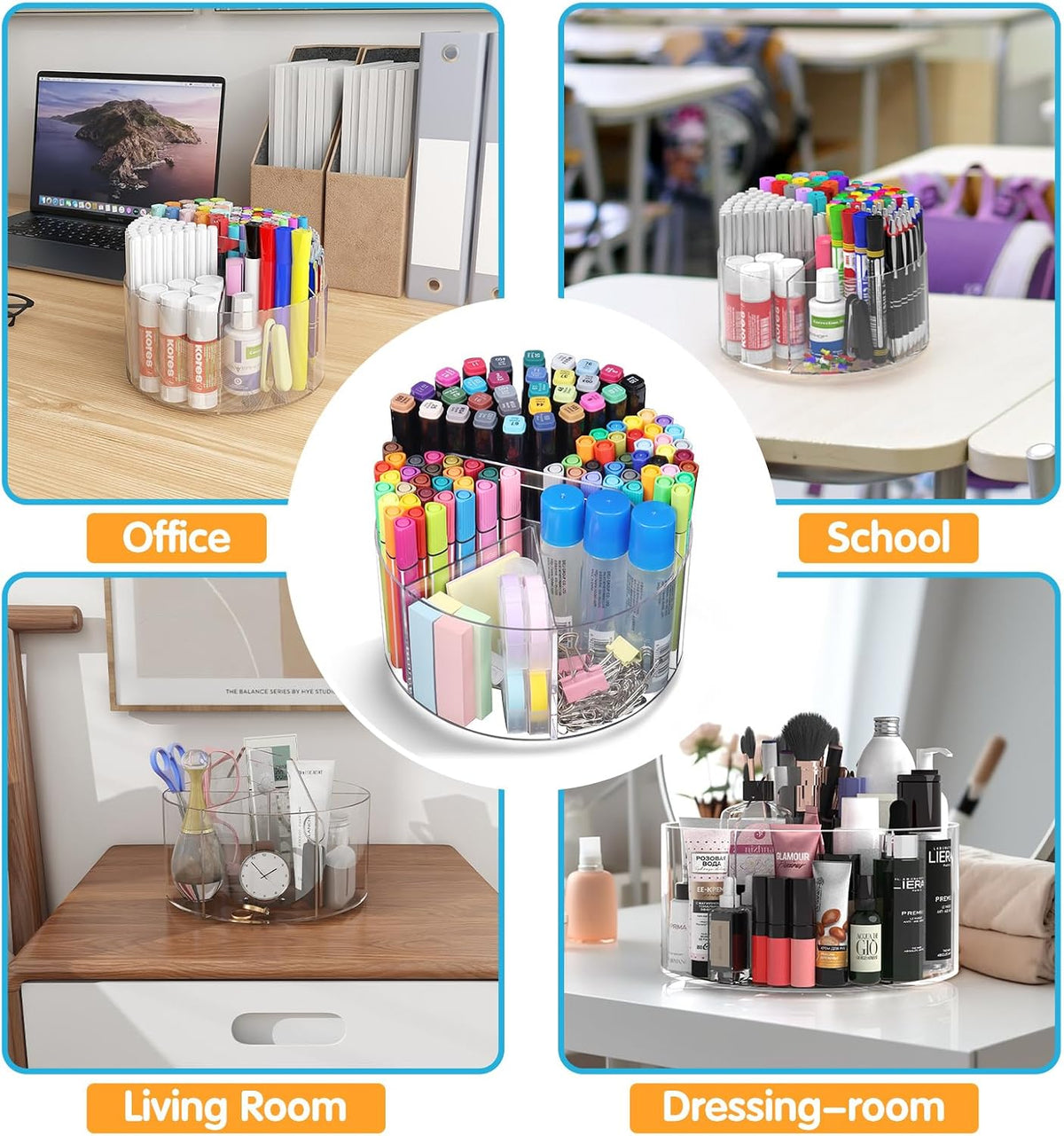 Acrylic Pen Holder, 360 Degree Rotating Pen Organizer, Rotating Desk Acrylic Office Organizer with 6 Compartments, Marker Organizer for Kid, Crayon Caddy School Art Supply Storage Organizer