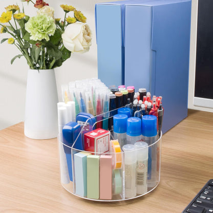 Acrylic Pen Holder, 360 Degree Rotating Pen Organizer, Rotating Desk Acrylic Office Organizer with 6 Compartments, Marker Organizer for Kid, Crayon Caddy School Art Supply Storage Organizer