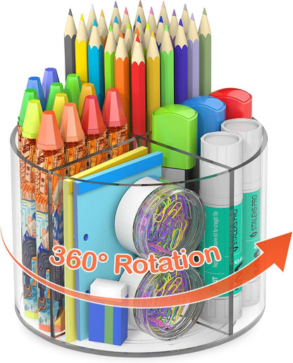 Acrylic Pen Holder, 360 Degree Rotating Pen Organizer, Rotating Desk Acrylic Office Organizer with 6 Compartments, Marker Organizer for Kid, Crayon Caddy School Art Supply Storage Organizer