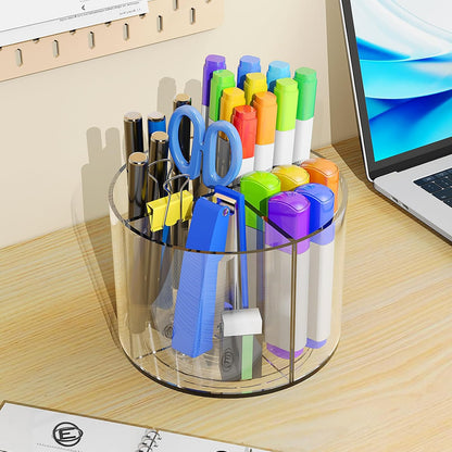 Acrylic Pen Holder, 360 Degree Rotating Pen Organizer, Rotating Desk Acrylic Office Organizer with 6 Compartments, Marker Organizer for Kid, Crayon Caddy School Art Supply Storage Organizer