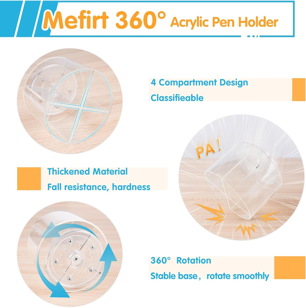 Acrylic Pen Holder, 360 Degree Rotating Pen Organizer, Rotating Desk Acrylic Office Organizer with 6 Compartments, Marker Organizer for Kid, Crayon Caddy School Art Supply Storage Organizer