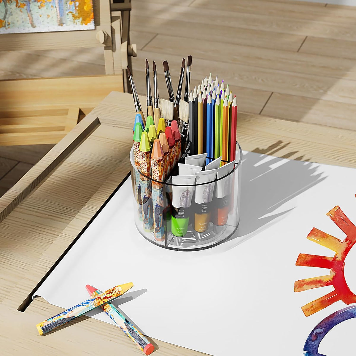 Acrylic Pen Holder, 360 Degree Rotating Pen Organizer, Rotating Desk Acrylic Office Organizer with 6 Compartments, Marker Organizer for Kid, Crayon Caddy School Art Supply Storage Organizer