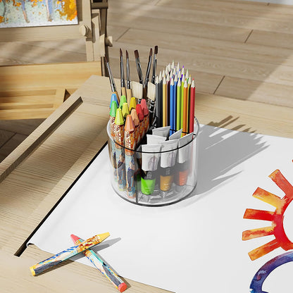 Acrylic Pen Holder, 360 Degree Rotating Pen Organizer, Rotating Desk Acrylic Office Organizer with 6 Compartments, Marker Organizer for Kid, Crayon Caddy School Art Supply Storage Organizer