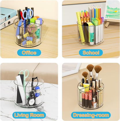 Acrylic Pen Holder, 360 Degree Rotating Pen Organizer, Rotating Desk Acrylic Office Organizer with 6 Compartments, Marker Organizer for Kid, Crayon Caddy School Art Supply Storage Organizer