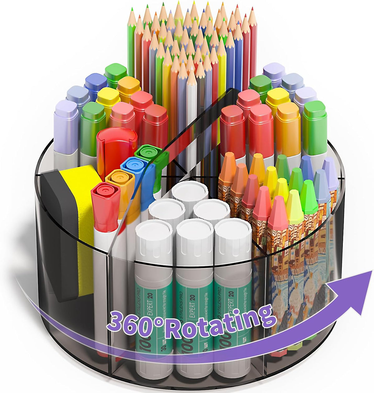 Acrylic Pen Holder, 360 Degree Rotating Pen Organizer, Rotating Desk Acrylic Office Organizer with 6 Compartments, Marker Organizer for Kid, Crayon Caddy School Art Supply Storage Organizer