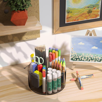 Acrylic Pen Holder, 360 Degree Rotating Pen Organizer, Rotating Desk Acrylic Office Organizer with 6 Compartments, Marker Organizer for Kid, Crayon Caddy School Art Supply Storage Organizer