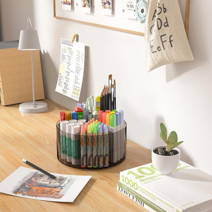 Acrylic Pen Holder, 360 Degree Rotating Pen Organizer, Rotating Desk Acrylic Office Organizer with 6 Compartments, Marker Organizer for Kid, Crayon Caddy School Art Supply Storage Organizer