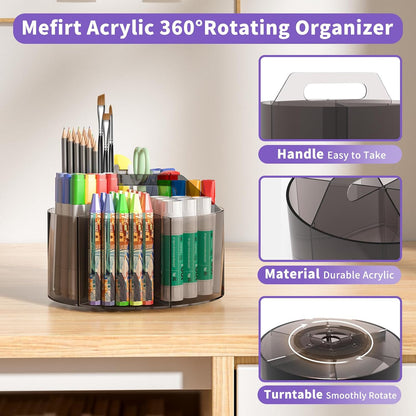 Acrylic Pen Holder, 360 Degree Rotating Pen Organizer, Rotating Desk Acrylic Office Organizer with 6 Compartments, Marker Organizer for Kid, Crayon Caddy School Art Supply Storage Organizer