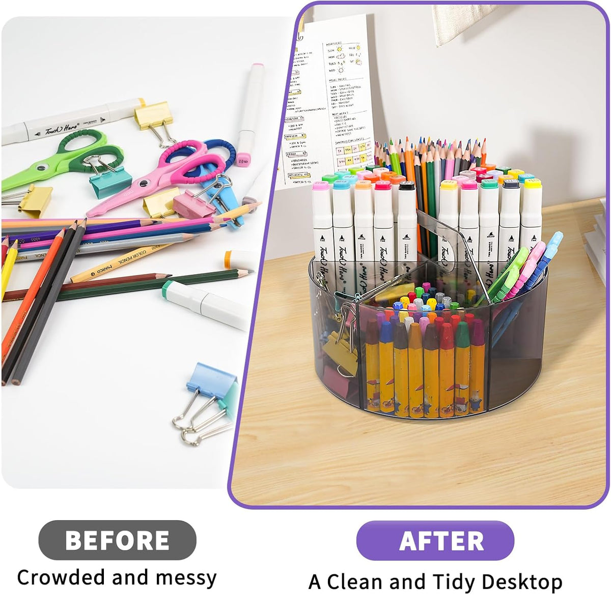Acrylic Pen Holder, 360 Degree Rotating Pen Organizer, Rotating Desk Acrylic Office Organizer with 6 Compartments, Marker Organizer for Kid, Crayon Caddy School Art Supply Storage Organizer