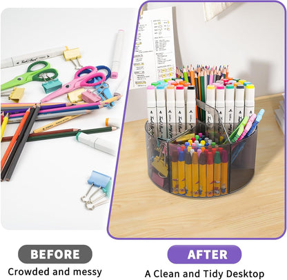 Acrylic Pen Holder, 360 Degree Rotating Pen Organizer, Rotating Desk Acrylic Office Organizer with 6 Compartments, Marker Organizer for Kid, Crayon Caddy School Art Supply Storage Organizer