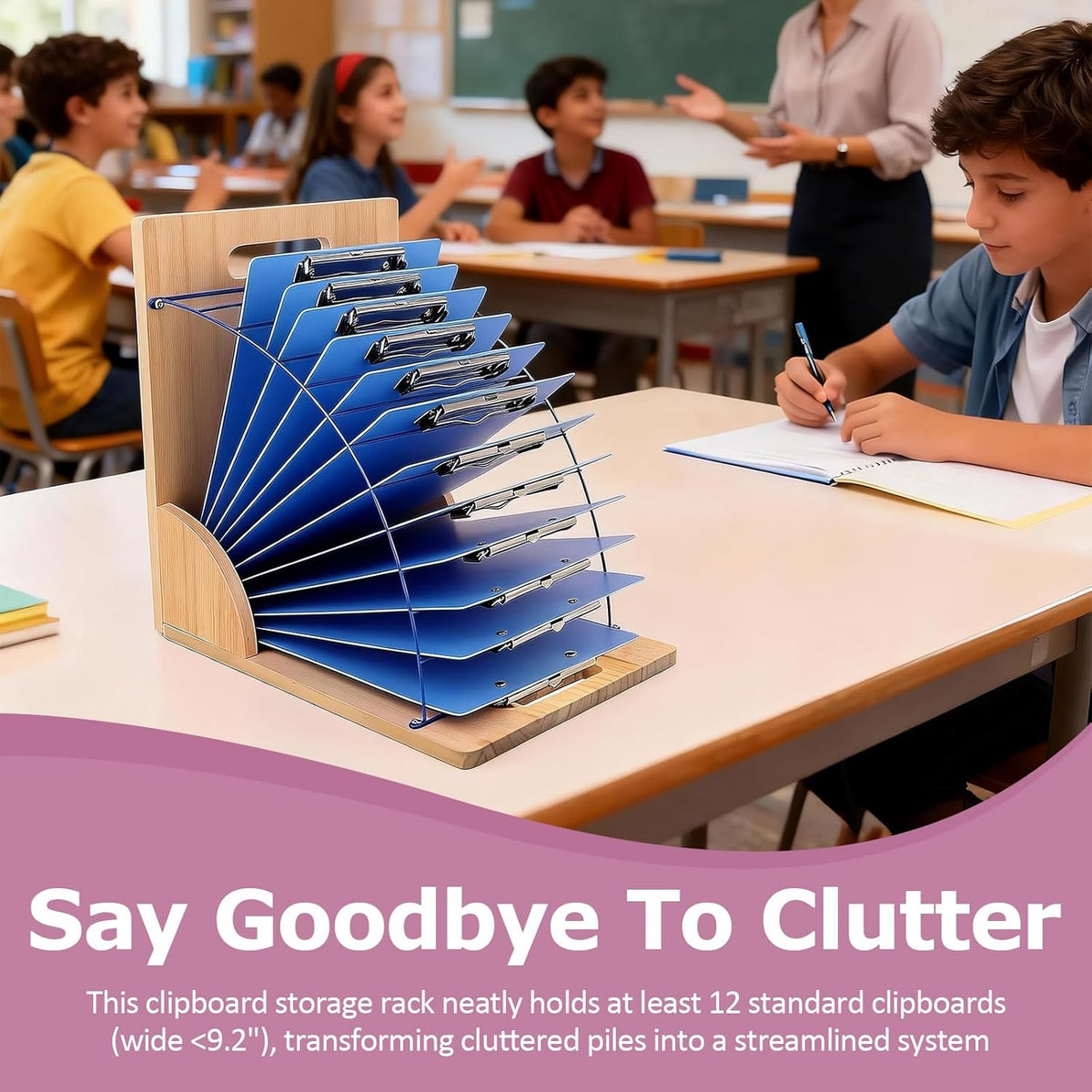 Clipboard Holder - 12 Layer Clipboard Storage Rack, Wooden Clipboards Organizer with Sturdy Metal Shelf for Classroom Office Desk Accessories Essentials Supplies Workshop Teacher Must Haves